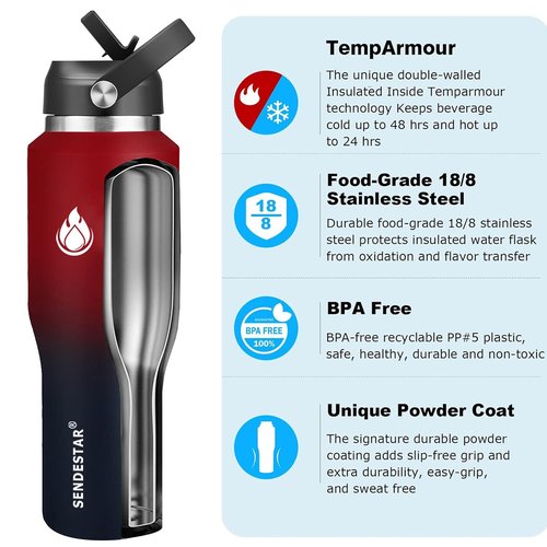 SENDESTAR 40oz Water Bottle Wide Mouth Stainless Steel Vacuum Insulated Double Wall with Straw Lids Fit in Any Car Cup Holder