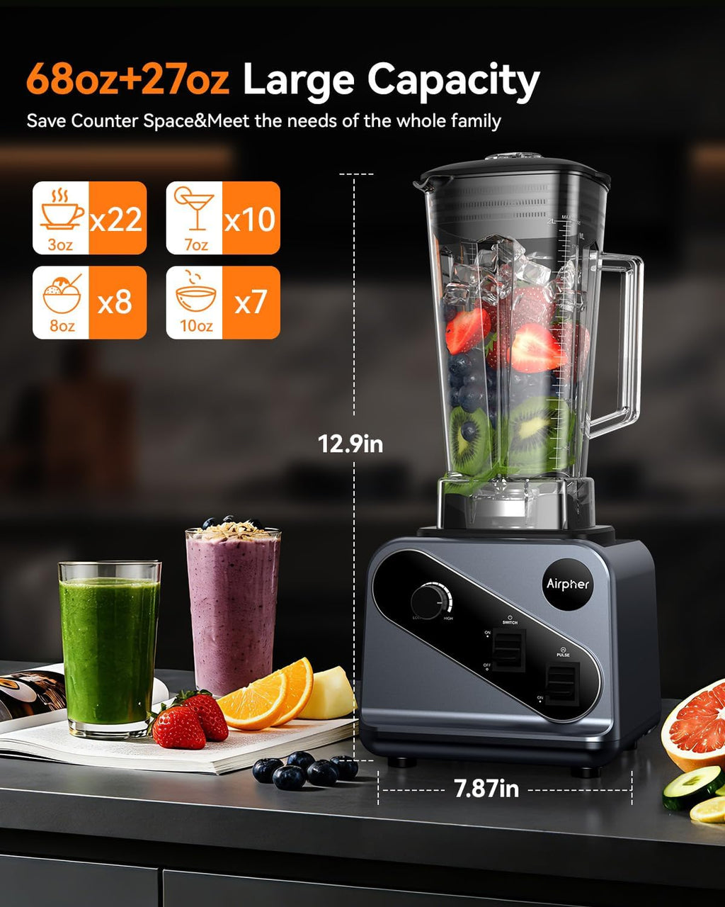 Skiennix Professional Blender - 2000W Smoothie Maker with 68oz Capacity & 27oz To-Go Cup | 35000RPM for Soups & Jams
