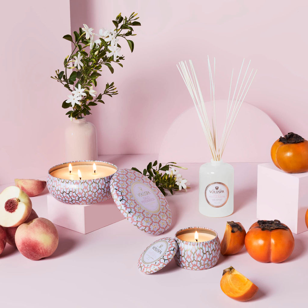 Voluspa Saijo Persimmon, Mini Tin Candle, 4 Ounce, 25 Hour Burn Time, Coconut Wax for Clean Burning, Handcrafted in The USA