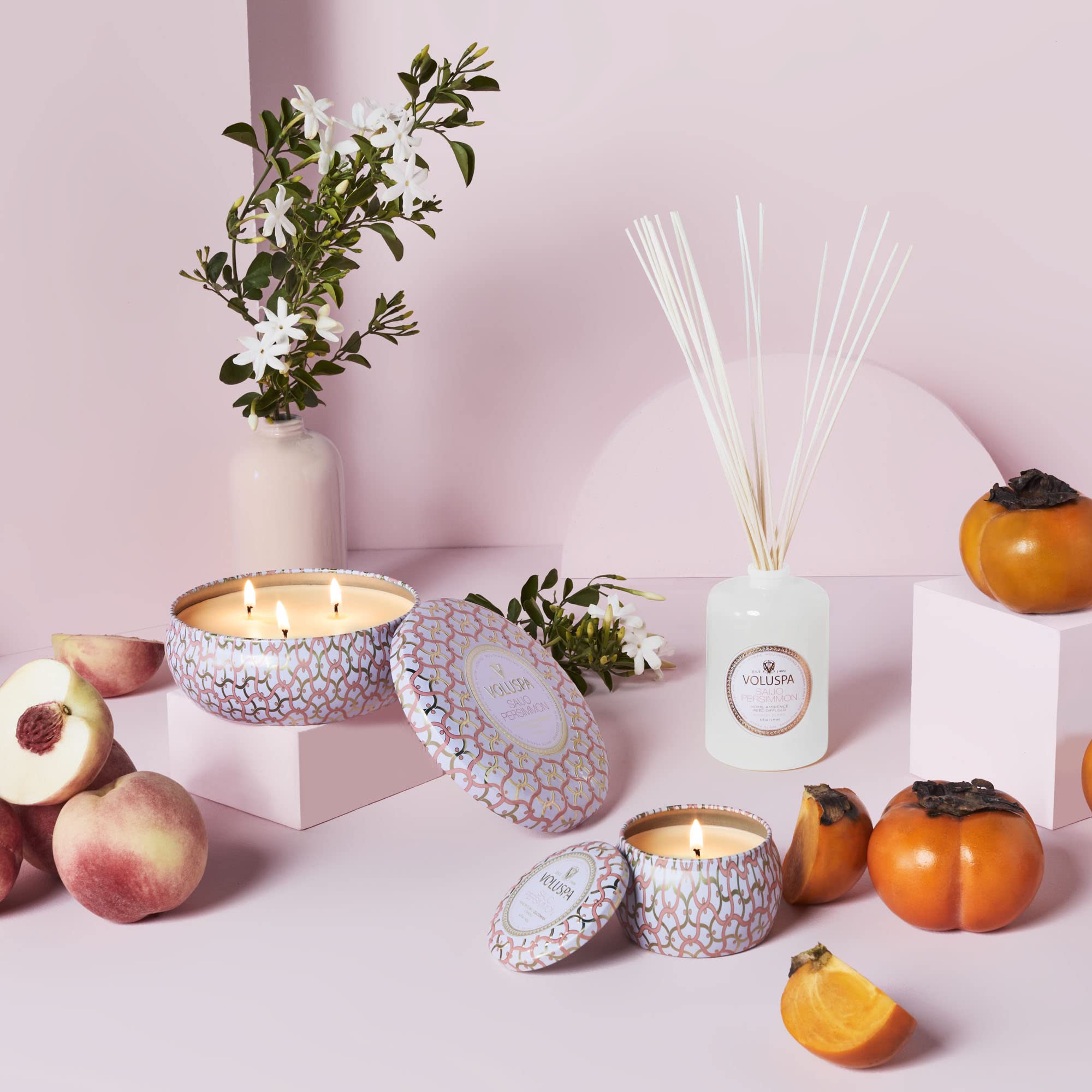 Voluspa Saijo Persimmon, Mini Tin Candle, 4 Ounce, 25 Hour Burn Time, Coconut Wax for Clean Burning, Handcrafted in The USA