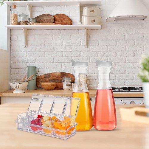 Honeydak 5 Pcs Mimosa Bar Supplies Include 4 Pcs 47oz Plastic Carafe with Lids Clear Round Juice Pitcher Containers 1 Seasoning Box with Lid and Spoon for Winter Spring Summer Party Serving (Clear)