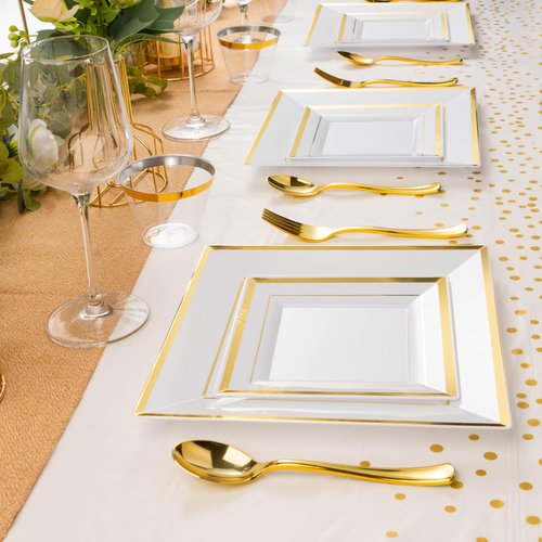 Goodluck 352 Pieces Gold Dinnerware Set for 50 Guests, Thanksgiving Square Plastic Plates with Gold Trim, Include: 100 Plastic Plates, 50 Rolled Napkins, 50 Cups, 50 Cutlery Set and 2 Tablecloth