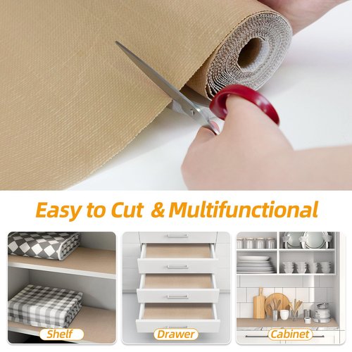 Shinlendid Shelf and Drawer Liner for Kitchen Cabinets Non-Adhesive, Strong Grip Non-Slip Thickened Cabinet Liners for Shelves, Waterproof Mats for Dresser Cupboard, Khaki, 12 in x 10 Feet