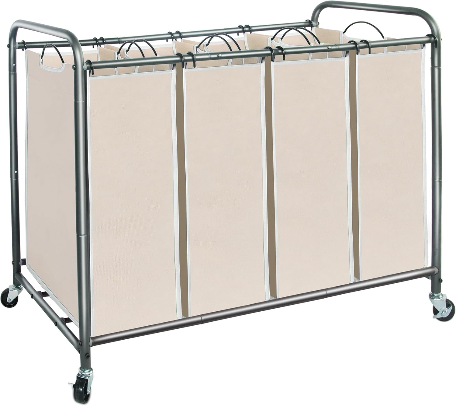 Storage Maniac Laundry Sorter - 4-Section 47.8 Gal Hamper Cart with Wheels & Removable Bags - Beige