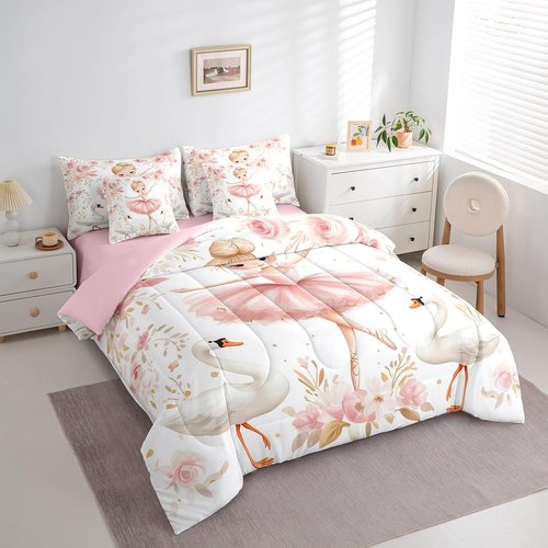 7 Pieces Ballerina Girl Comforter Set Queen Size, White Swan Bedding Set for Kids Girl Princess Room Decor, Pink Flower Print Bed in a Bag with Comforter, Fitted Sheet, Flat Sheet and Pillowcases
