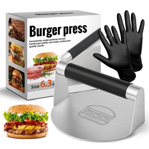 304 Stainless Steel Smash Burger Press with Heat-Resistant Gloves for Burger Lovers: Prevent From Getting Burned - 6.3 Inches Non Stick Hamburger Smasher Tool for BBQs and Cookouts - Dishwasher Safe
