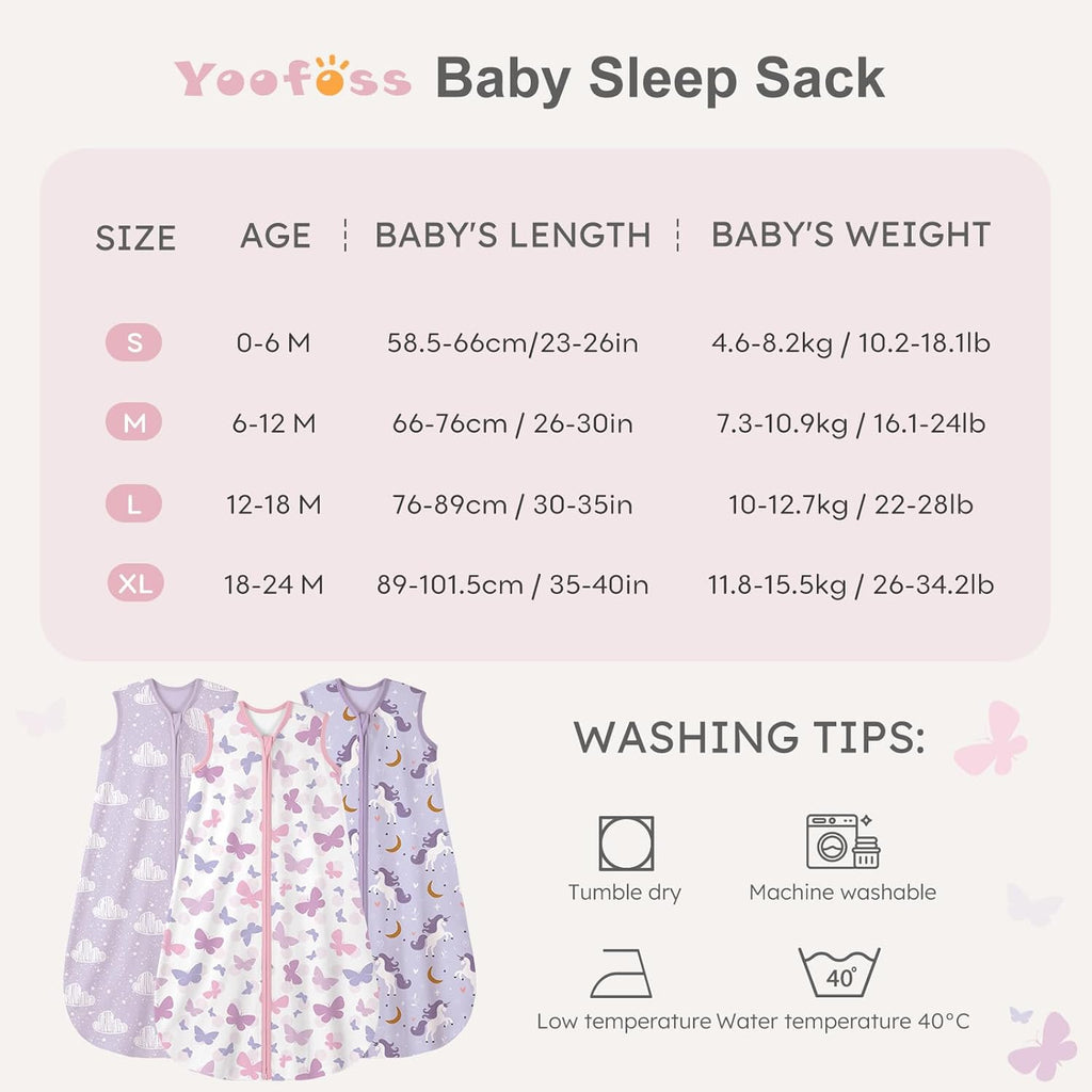 Yoofoss Baby Sleep Sack - 100% Organic Cotton Wearable Blanket for 18-24 Months | 2-Way Zipper, 3 Pack