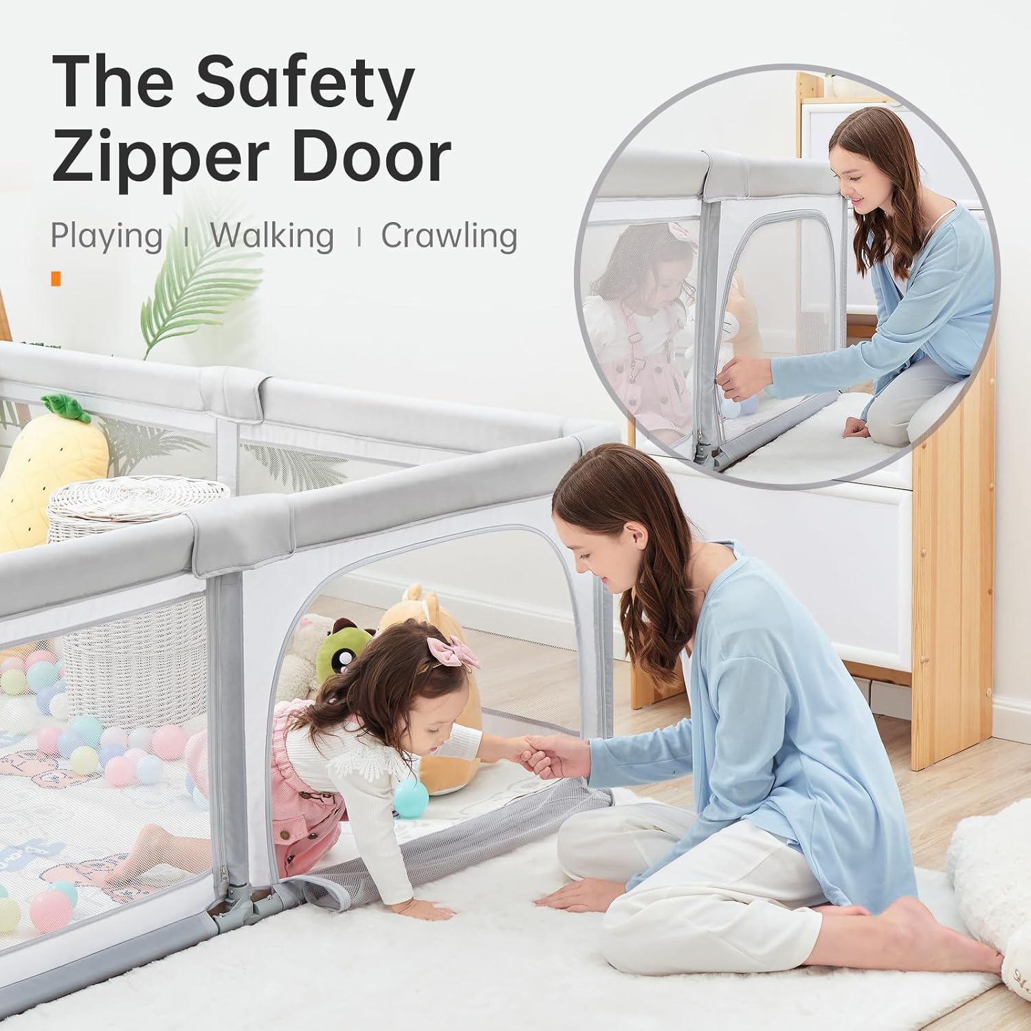 Skiennix Baby Playpen - 71"x71" Foldable Play Yard with Zipper Door & Gate | Light Grey Color