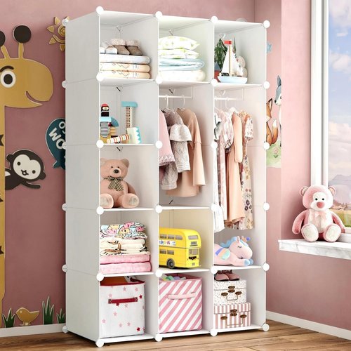 deijiner Modular Baby Wardrobe Closet, Portable Children Organizers and Storage for Nursery,15 Cubes with Hanging Rods,Multi-Functional Kids Storage Shelf-Bedroom Clothes Armoire (Boys & Girls)