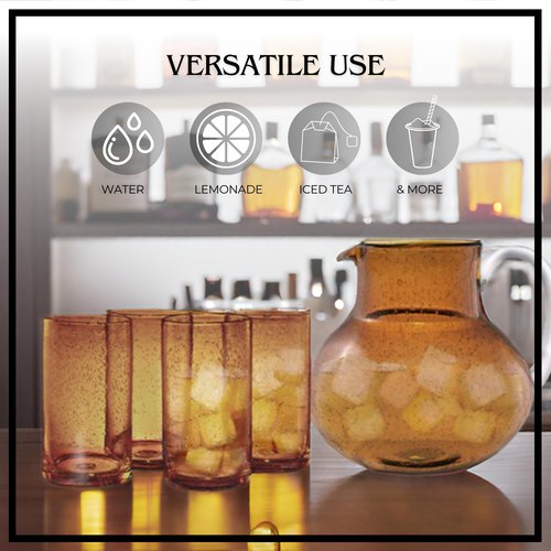 ARTLAND Iris 90oz Glass Pitcher & 17oz Highball Glasses (Set of 4) - Handcrafted Drinkware, Unique Bubble Design, Lead-Free Glass for Serving Beverages, Home Dining, Entertaining Essentials (Amber)