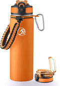 GOSWAG Insulated Sports Water Bottle - 24oz Stainless Steel with 2 Lids & Paracord Handle