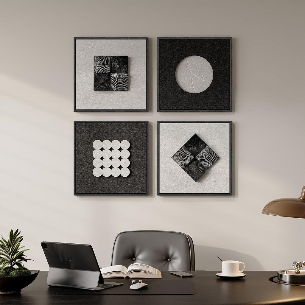 Skiennix 3D Wood Textured Black & White Wall Art Set - Modern Abstract Geometric Paintings for Home Decor