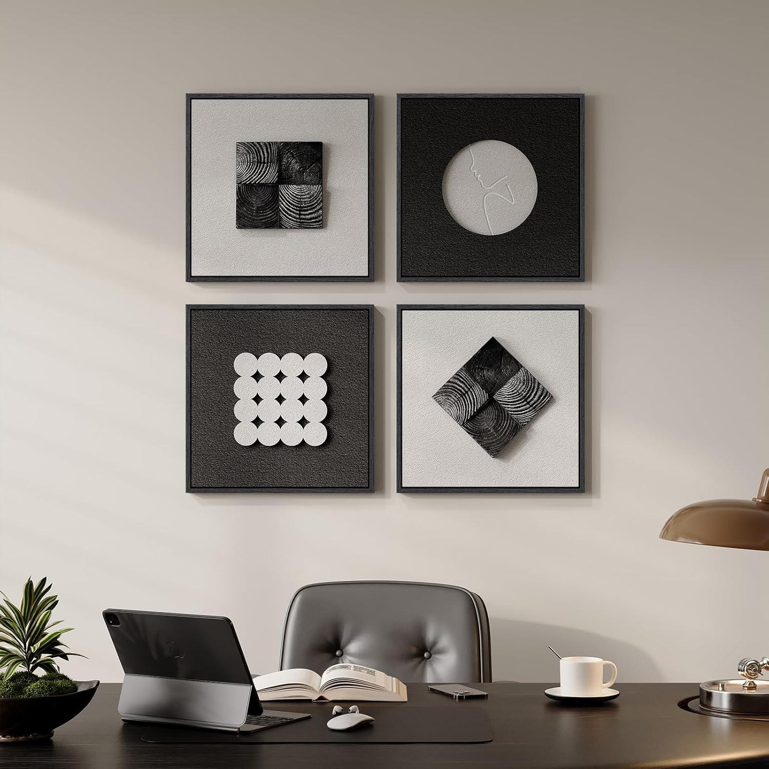 Skiennix 3D Wood Textured Black & White Wall Art Set - Modern Abstract Geometric Paintings for Home Decor