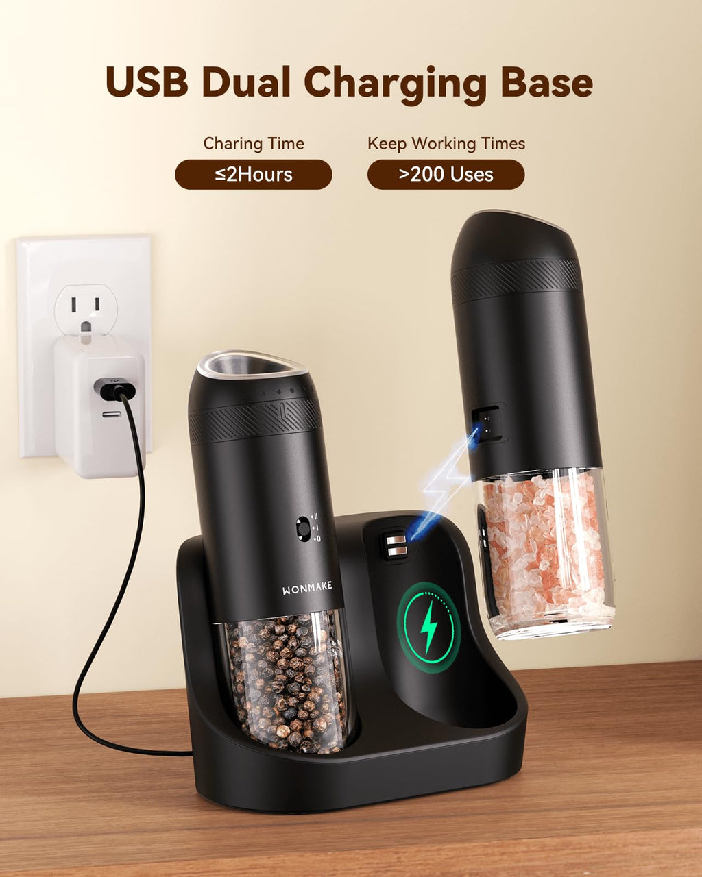 WONMAKE Gravity Electric Salt and Pepper Grinder Set with Charging Base, Automatic Salt and Pepper Mill, 6-Level Adjustable Coarseness, Dual Speed, and Large 5.95oz Capacity