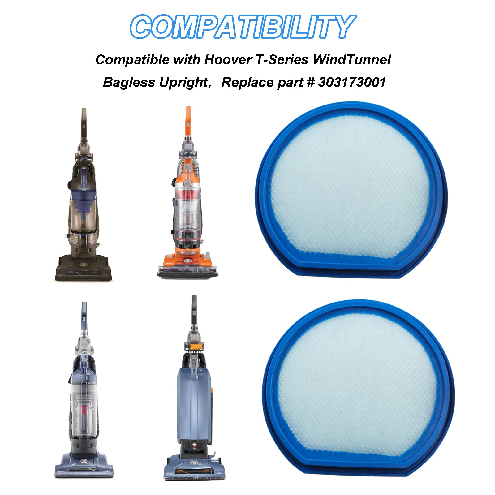 Washable Pre-Filters Replacement for Hoover Windtunnel T-Series Upright Vacuum，Compare to Part # 303173001, 303172002, 902404001 (2 Pack)