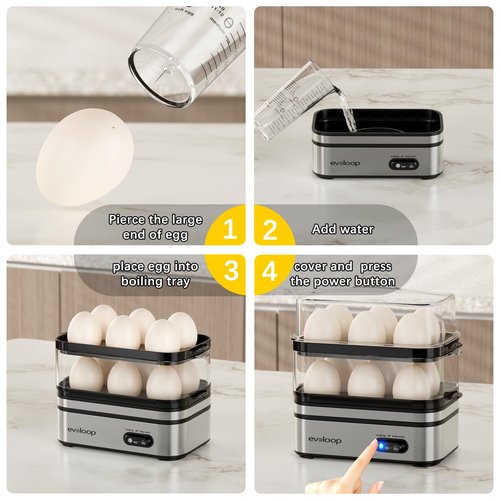 Evoloop Rapid Egg Cooker Electric 12 Eggs Capacity, Soft, Medium, Hard Boiled, Poached, Omelet Maker Egg Poacher & Vegetable Steamer, BPA Free Tray