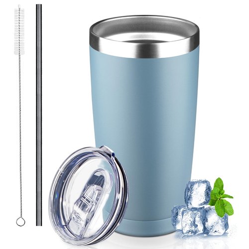 GUDEMAO 20 oz Tumbler with Lids and Straws, Stainless Steel Insulated Coffee Tumbler, Double Wall Vacuum Insulated Travel Mug Cup, Leakproof Thermal Coffee Cup for Hot and Cold Drinks (azure blue)