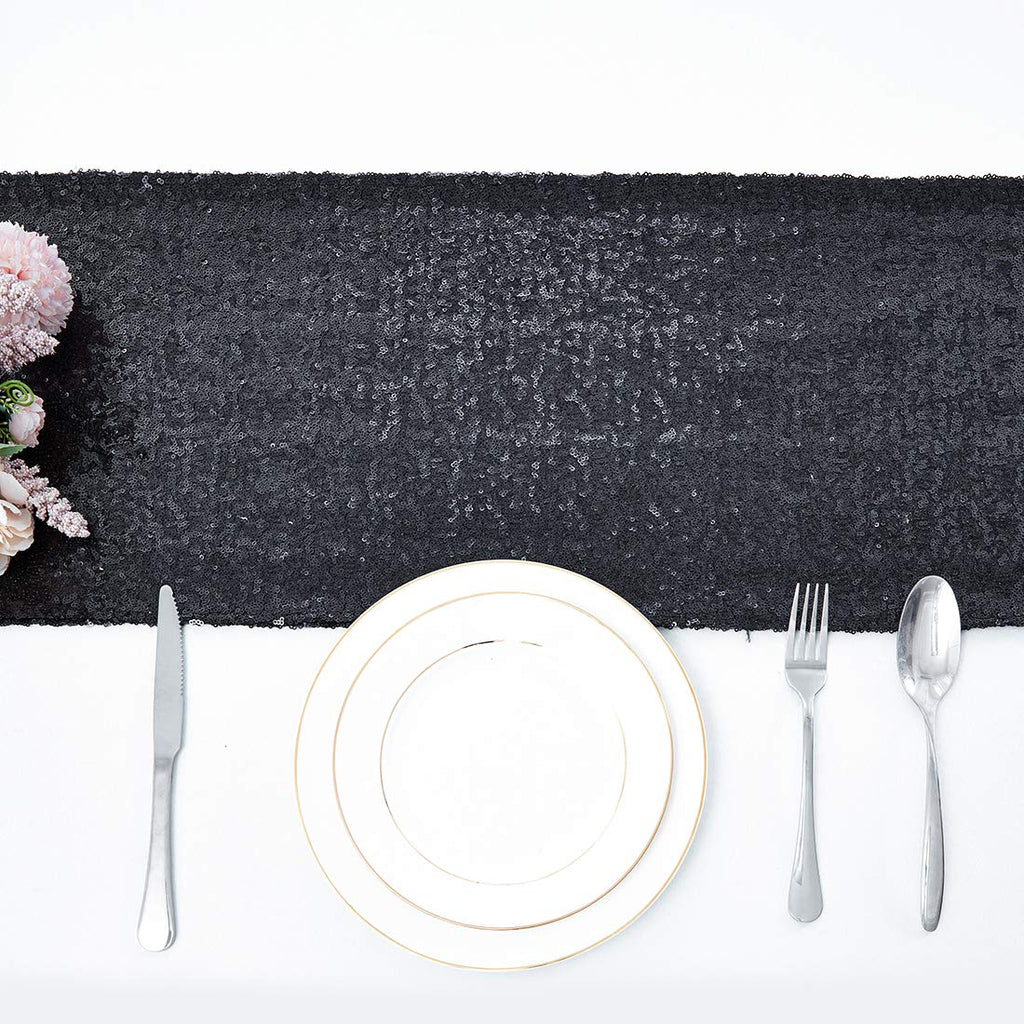 6 Packs 12 x 72 inches Black Sequin Table Runner, Glitter Runner for Birthday Party Supplies Decorations Wedding Bachelorette Holiday Celebration Bridal Shower Baby Shower