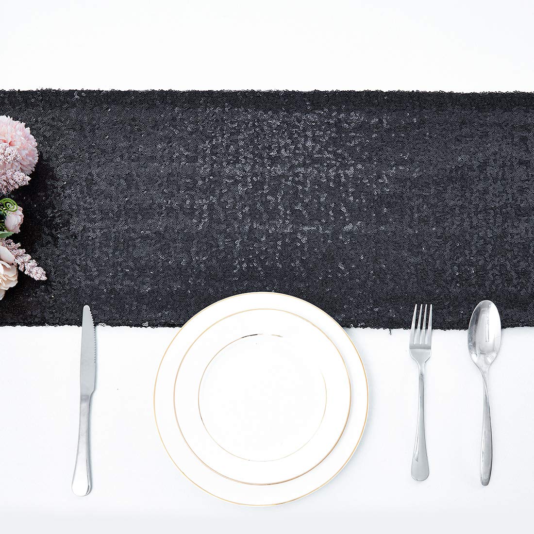 6 Packs 12 x 72 inches Black Sequin Table Runner, Glitter Runner for Birthday Party Supplies Decorations Wedding Bachelorette Holiday Celebration Bridal Shower Baby Shower