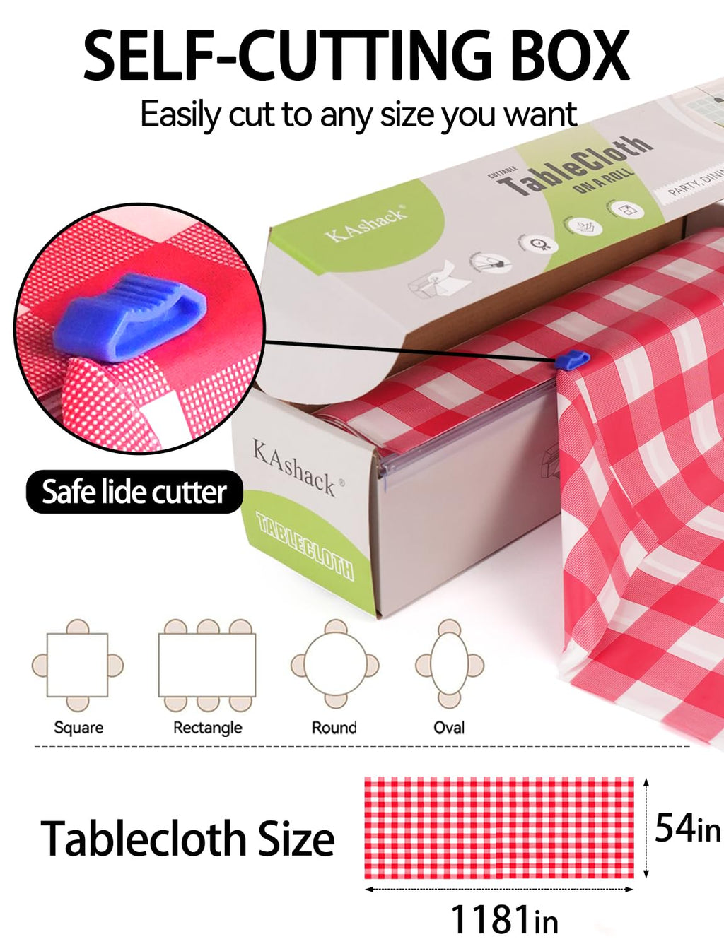 KAshack 54 in X 32.8 Ft Plastic table cloth Roll disposable Red and White Gingham Tablecloth with Slide Cutter Box for rectangle round Tables,Picnic,Camping,Party,Happy Birthdays,[with Fixed stickers]