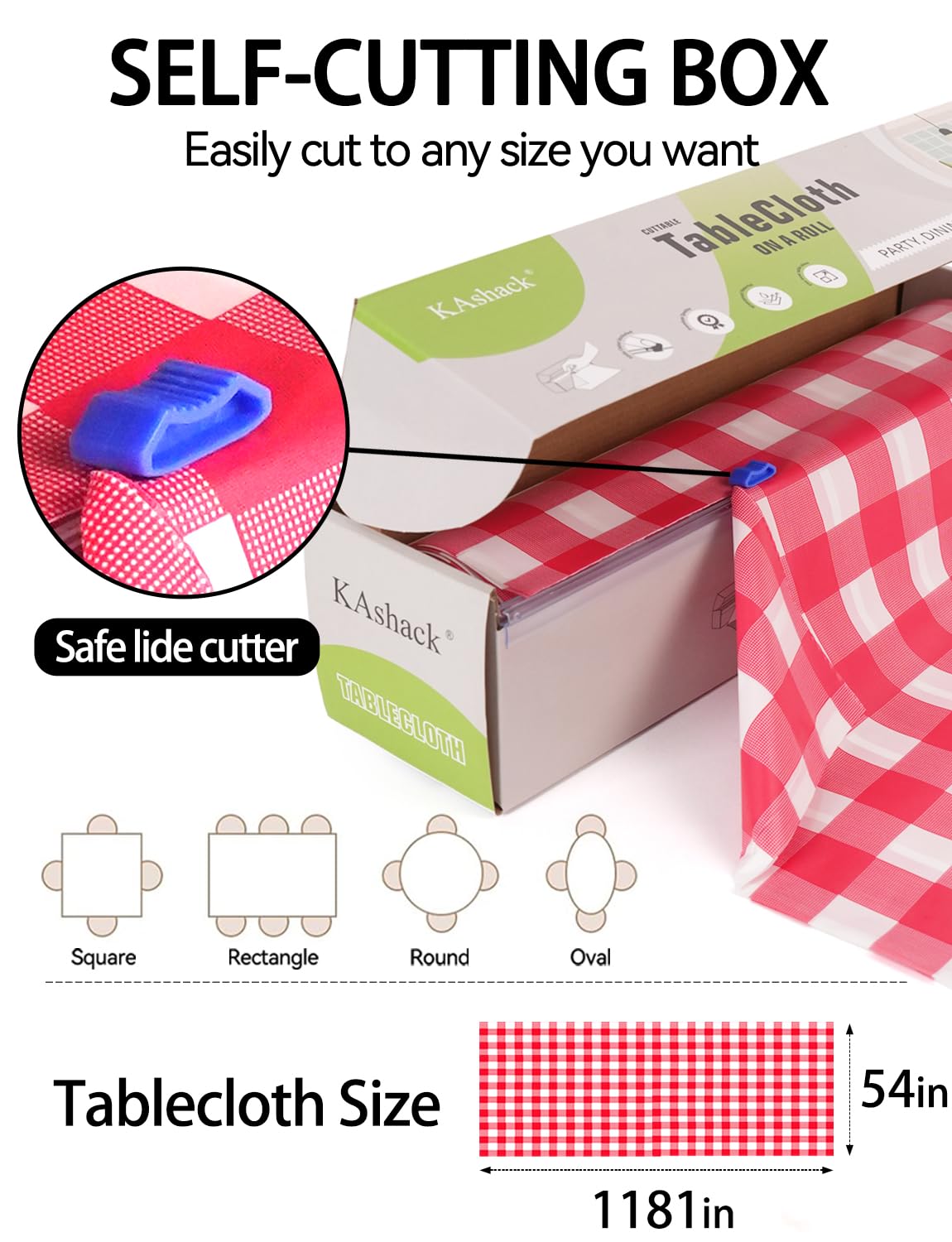 KAshack 54 in X 32.8 Ft Plastic table cloth Roll disposable Red and White Gingham Tablecloth with Slide Cutter Box for rectangle round Tables,Picnic,Camping,Party,Happy Birthdays,[with Fixed stickers]