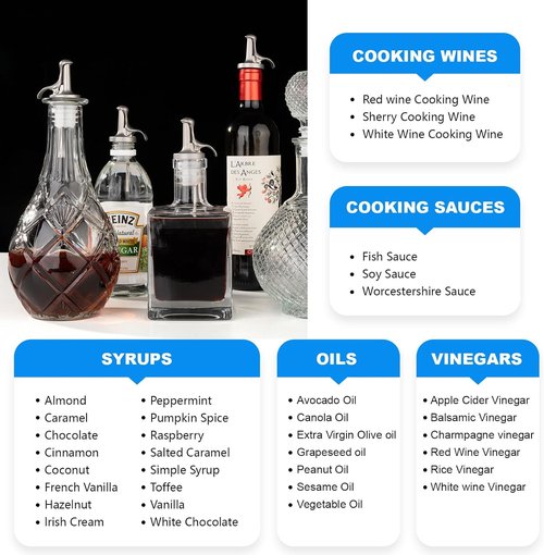 3-in-1 Liquor Bottle Pourers with Speed Spouts, Olive Oil Spout with Built-in Caps - Dishwasher Safe, Alcohol Speed Spouts - 2PCs with 2 Adapters