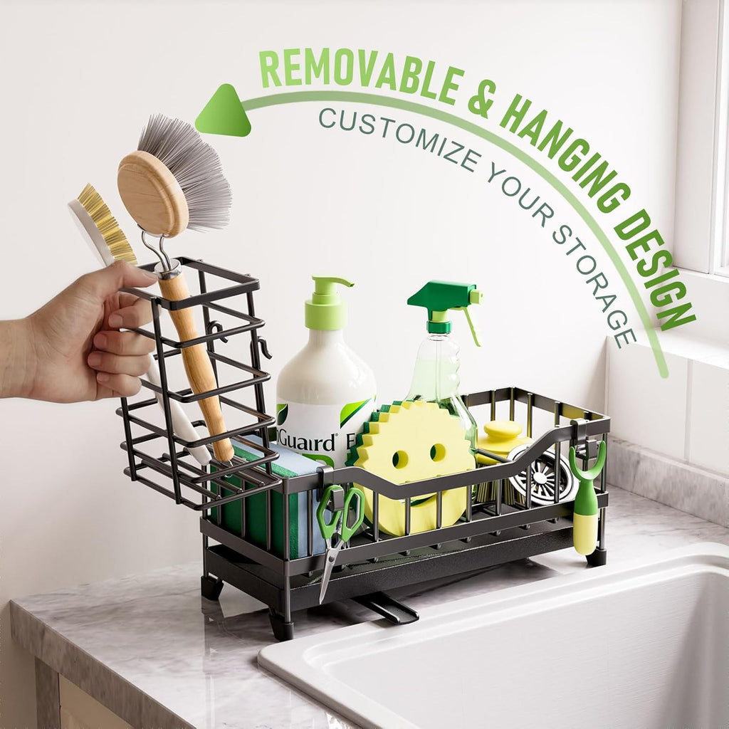 Skiennix Kitchen Sink Caddy - 304 Rustproof Stainless Steel Sponge Holder | Black Countertop Organizer