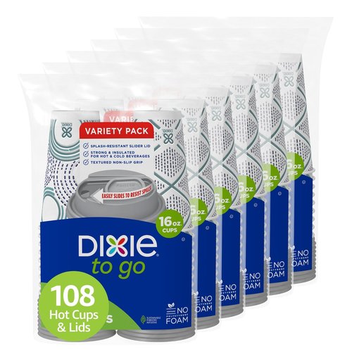 Dixie To Go Paper Coffee Cups With Lids, 16 oz, 108 ct, Disposable Insulated Paper Cups for On-The-Go Hot or Cold Beverages
