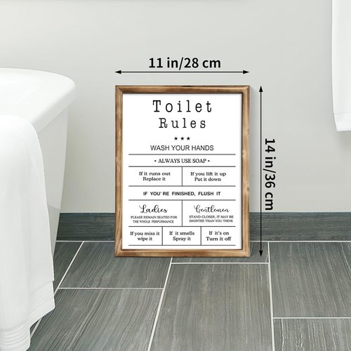 MODE HOME Farmhouse Wall Art - Funny Bathroom Rules Sign in Torched Brown Frame | 14x11 Inch Shabby Chic Decor