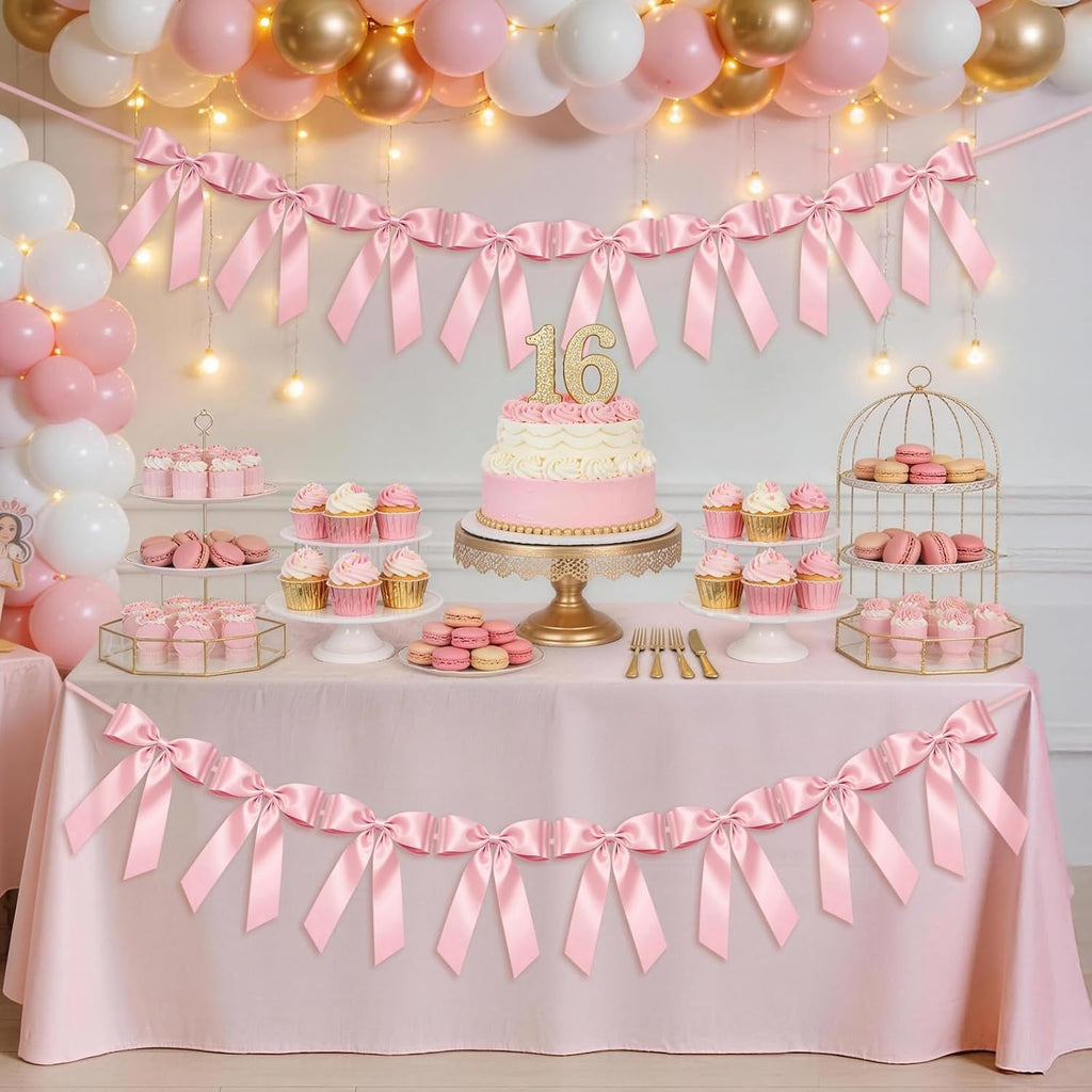 Skiennix Pink Bow Garland Banner - 8 Pre-Strung Double-Layer Satin Ribbon Bows | Valentine's Day Decor & Party Accent