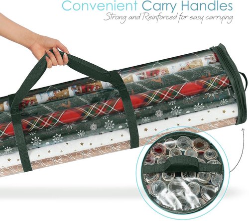 Hearth & Harbor Wrapping Paper Storage Container - Tear-Proof Christmas Bag for 36 Rolls - Green