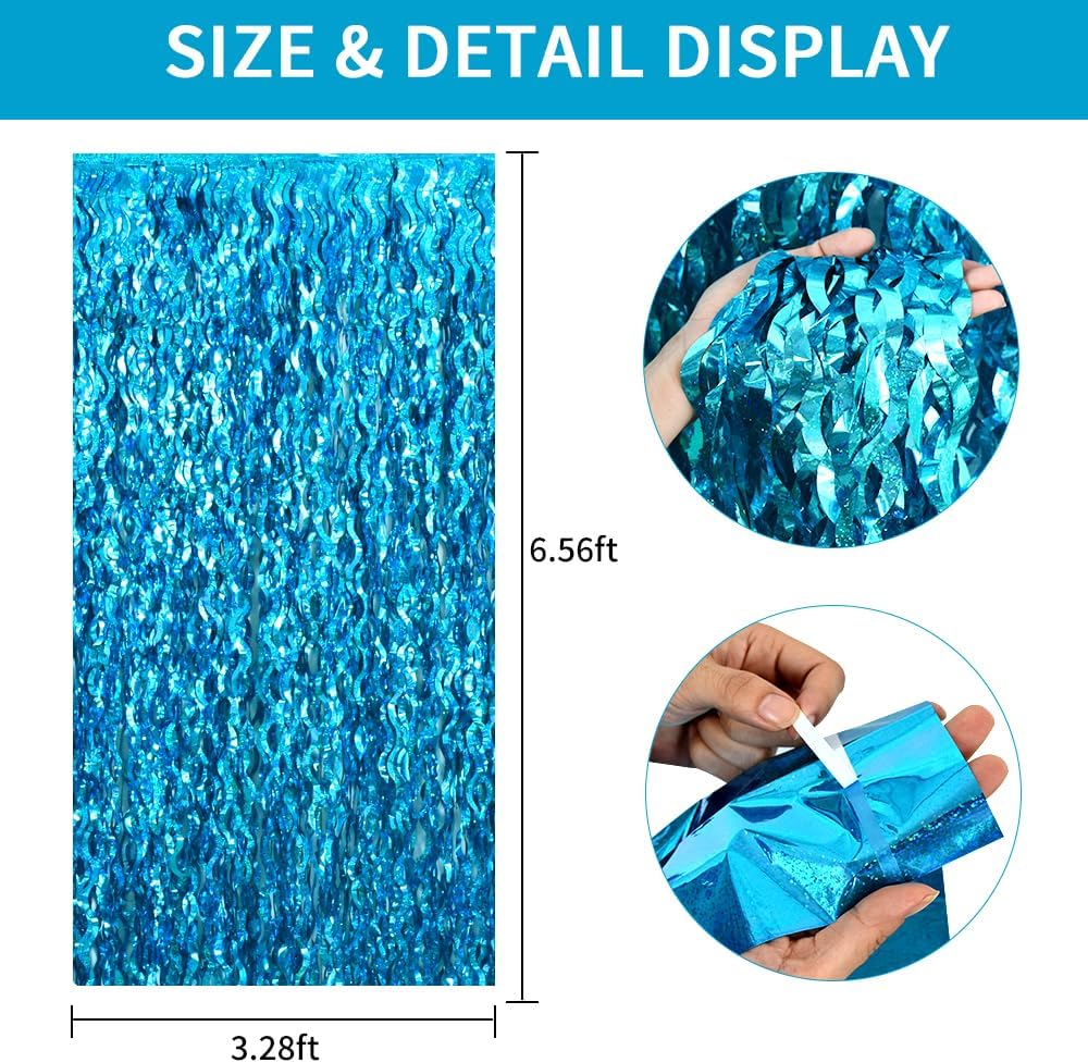 TONIFUL Wavy Metallic Tinsel Foil Fringe Curtains - Teal Blue Photo Booth Backdrop | 6.6ft x 6.6ft