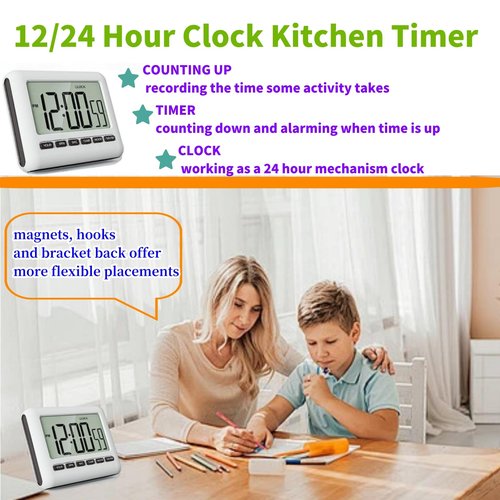 Magnetic Clock Digital Small for Fridge Stove with Clip Kitchen Timer Clocks Large Screen Loud Alarm 12/24 Hour Multi-Functional Countdown for Baking Sports Office Classroom 3.34x2.83 Inches Black