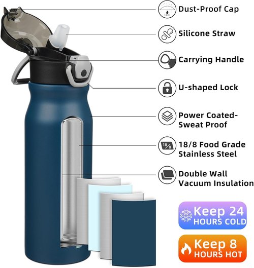 BJPKPK Insulated Water Bottle - 25oz Stainless Steel Flask with Straw & Leak-Proof Lid | Navy Blue