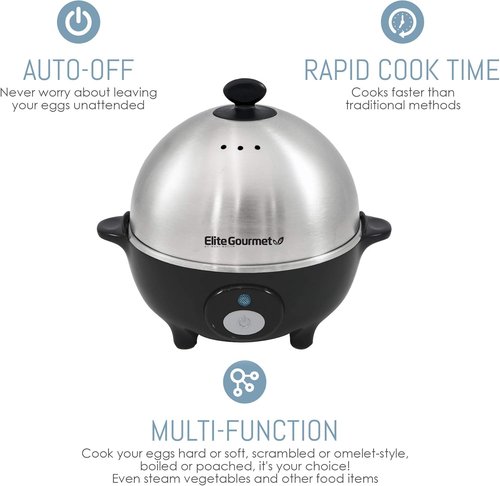 Elite Gourmet EGC-508 Rapid Egg Cooker - 7 Egg Capacity, Auto Shut-Off, Stainless Steel Design