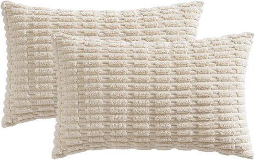 MIULEE Corduroy Lumbar Throw Pillow Covers - Soft Boho Striped Design | 20x12 Inch Cream White for Modern Home Decor