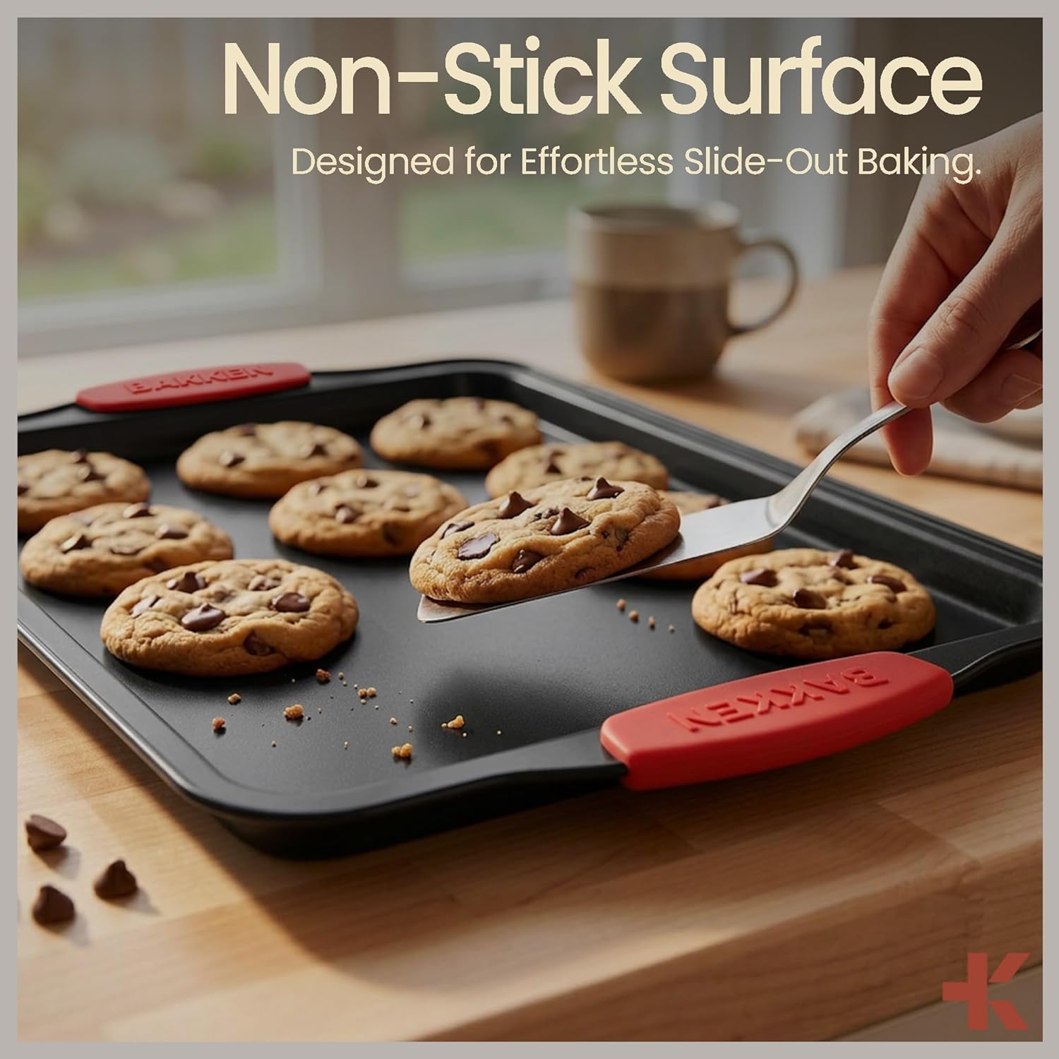 Bakkenmaster Baking Set - 8-Piece Non-Stick Oven Bakeware Set with Red Silicone Handles - Carbon Steel