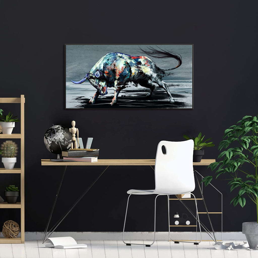 sechars Large Fighting Bull Painting Wall Art Canvas Cool Animal Picture Artwork with Black Floater Frame Modern Home Office Western Cowboy Room Decoration Ready to Hang 24"x48"