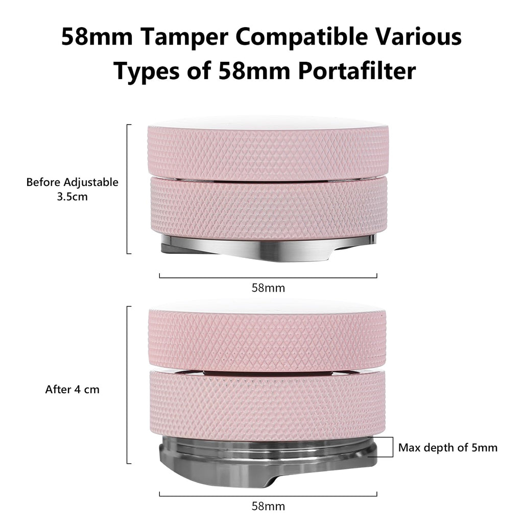 Pink 58mm Coffee Distributor & Tamper, Espresso Hand Tamper Tool Fits 58mm Portafilters, Adjustable Depth Coffee Tamper and Leveler