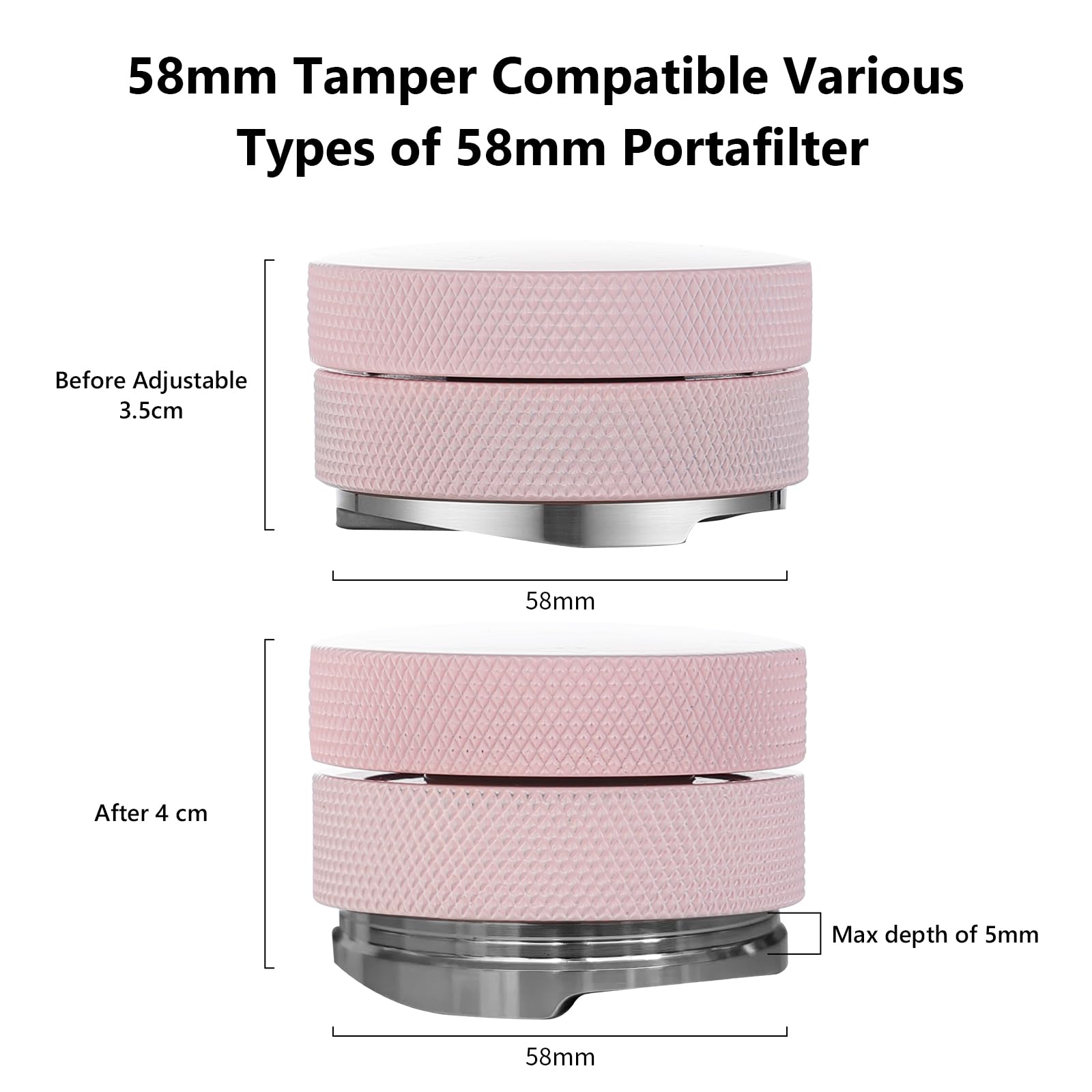 Pink 58mm Coffee Distributor & Tamper, Espresso Hand Tamper Tool Fits 58mm Portafilters, Adjustable Depth Coffee Tamper and Leveler