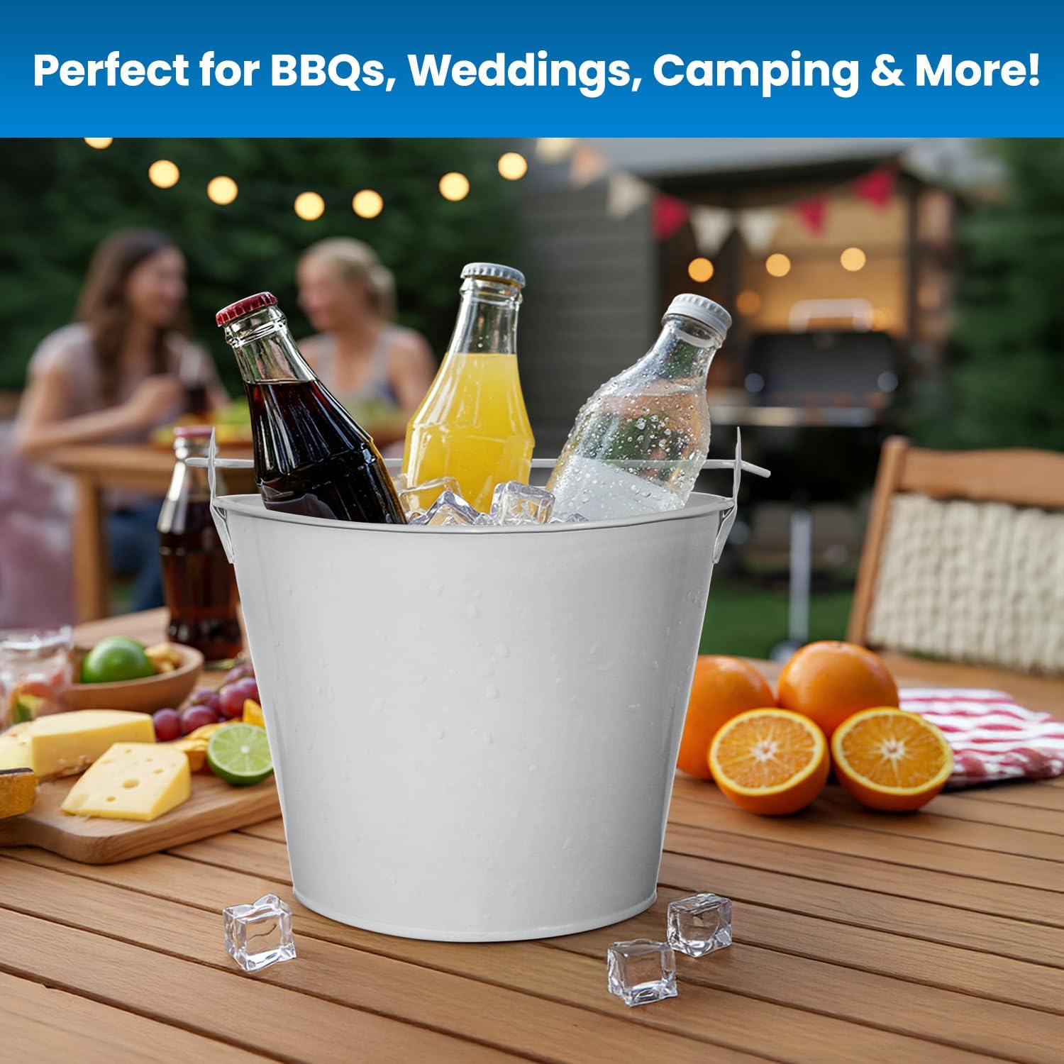 PLEXON Ice Bucket for Parties Coctail Bar Restaurant - Drink Beer Champagne Metal Pail Bucket with Handle, Beverage Chiller, 1.3 Gallon, Galvanized Steel, Gray, Set of 2