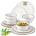 GBHOME Ceramic Dinnerware Sets,12 pcs Embossed Elegant Stoneware Plates and Bowls Sets, Housewarming Wedding Gift | Dishwasher & Microwave Safe | Dishes Set Service for 4