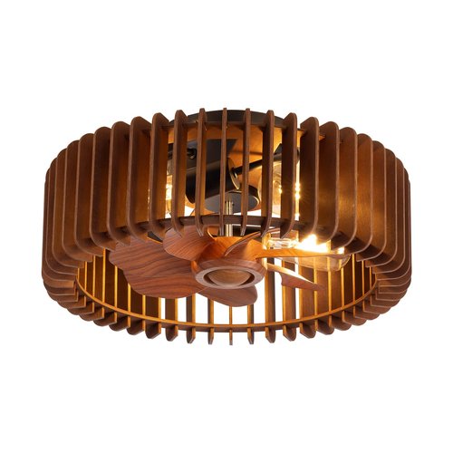 Padxpouo Farmhouse Fandelier Ceiling Fan with Light Flush Mount Caged Ceiling Fans with Light and Remote Wooden Low Profile Bladeless Ceiling Fan for Bedroom, Kitchen,Foyer(Enclosed,6 Speed, Timing)