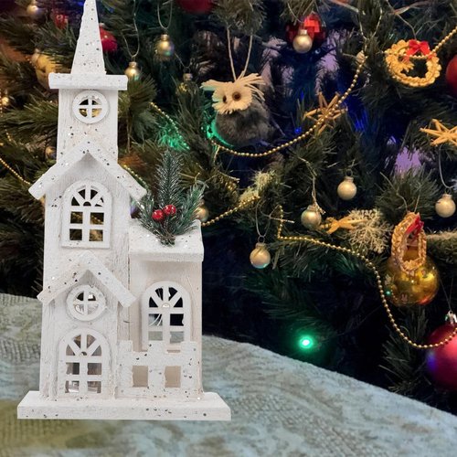 LABRIMP Luminous Wooden Castle Ornament - Lighted Christmas Village House Decor for Holiday Home | 1pc
