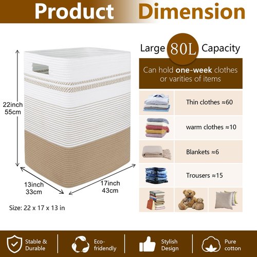SIXDOVE Laundry Basket, Large Woven Rope Tall Laundry Basket with Handles, Decorative Storage Basket for Clothes and Blankets in Living room, Bedroom
