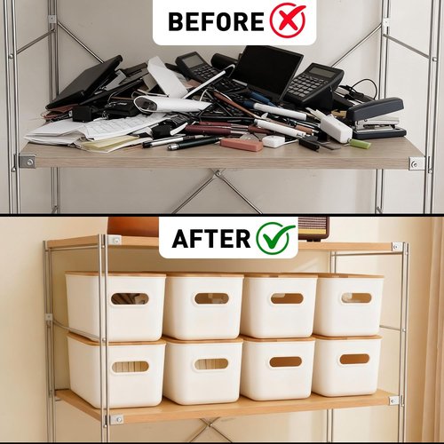 Citylife Storage Bins - Stackable 7QT Plastic Organizer Boxes with Bamboo Lids | 4-Pack, 10" L x 7" W x 5.8" H