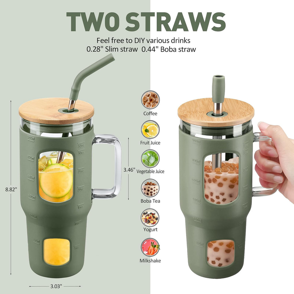 WINSA Glass Tumbler with Lid, 32 oz Glass Cup with Handle, Glass Water Bottles with Time Marker, 2 Straws - Pearl Straw & Silicone Protective Sleeve - Olive