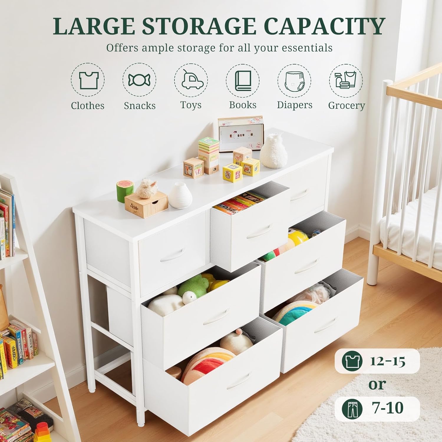 Regine Switzerland 7-Drawer Dresser - Anti-Tip Storage Organizer with Wooden Top | White Finish for Bedroom & Living Room
