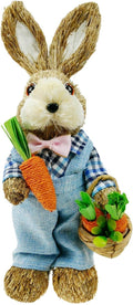 DearSun 14" Easter Bunny Figurine - Blue Sisal Rabbit Holding Carrots | Spring Table Decor for Home & Garden
