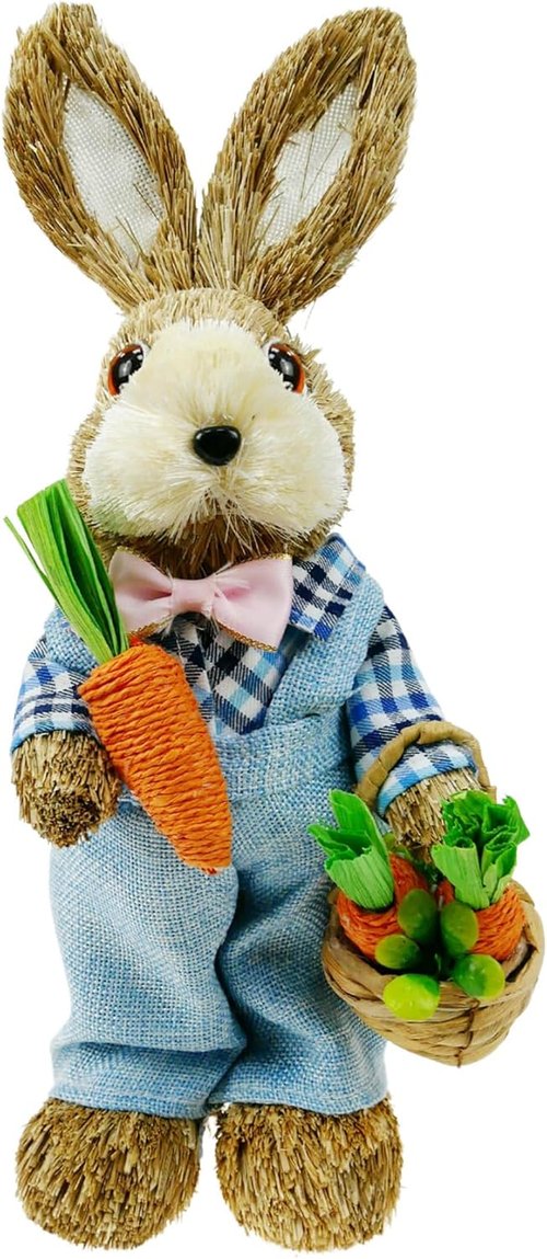 DearSun 14" Easter Bunny Figurine - Blue Sisal Rabbit Holding Carrots | Spring Table Decor for Home & Garden